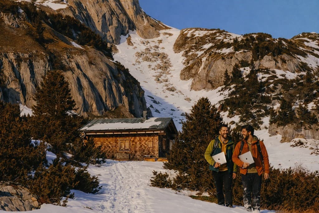 Two friends laughing as they walk through the snowy Pyrenees in Andorra, laptops in hand, with a wooden cabin and rocky peaks behind them