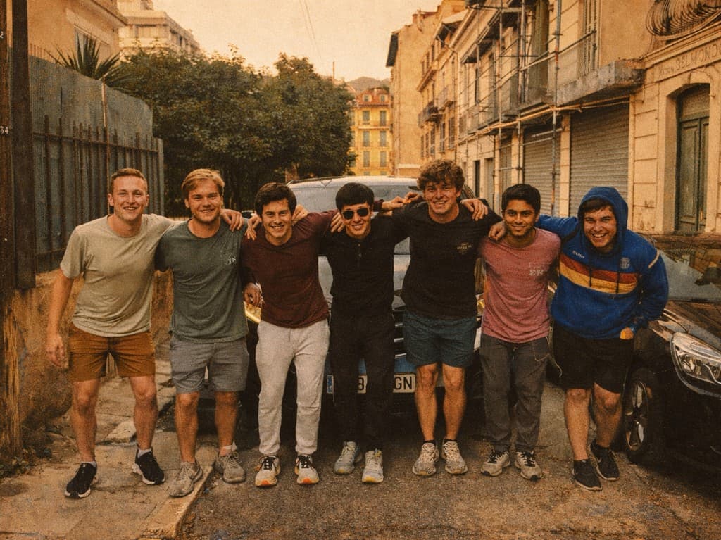 Seven ANDY drivers arm in arm on a sunlit European street, smiling — one close-knit team